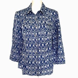 Style & Co Blue Ikat Print 100% Linen Button-Up Shirt Size 12